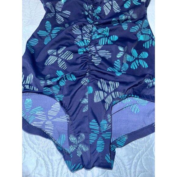 One-Piece Maxine Swimsuit With Ruched Front & Tropical Print Blue & Teal Womens - Picture 6 of 10